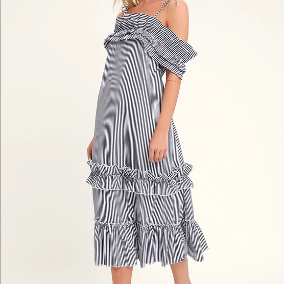 Lulus Dresses & Skirts - Lulus Stellar Blue and White Striped Off-the-Shoulder Midi Dress size medium